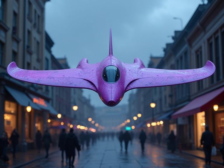Image of a large sleek ornithopter hovering in a cloudy, dark atmosphere over a town plaza. People walk on the street below, with lighted stores and street poles in view. Ornithopter has a wide wingspan, smooth metallic features, oval cockpit, and glowing LED lights.