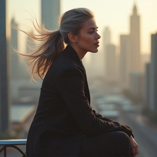 Young woman sits on a skyscraper in Dubai. She has a silver gray ponytail and gray eyes. She wears a classic blazer and trousers. The scene features a backlit silhouette with a bokeh background and a romantic, dreamy atmosphere. The photo captures muted earth tones and showcases professional quality.