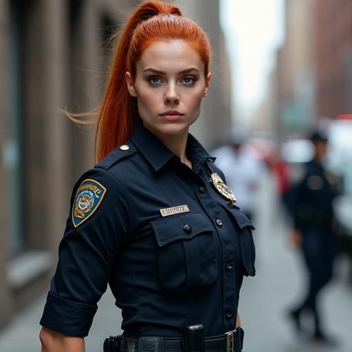 Serious-looking female police officer stands confidently in uniform. Striking red hair in ponytail. Stern expression. Wearing modern police uniform with badge and utility belt. Upright authoritative posture. Blurred city street in background. Sharp and alert eyes reflect strength and determination. Realistic lighting and textures.