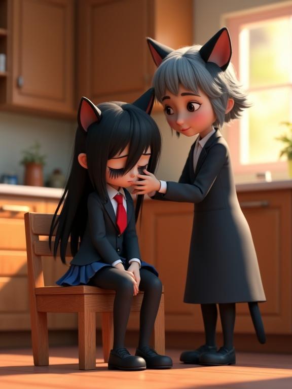 High-quality cartoon 3D animation style with vibrant colors and a warm inviting atmosphere. A young female humanoid cat sits on a wooden kitchen chair wearing a school uniform and displaying sadness. An elderly female humanoid cat stands next to her offering comfort with a gentle hand on her shoulder. The kitchen setting is cozy and filled with warm light.