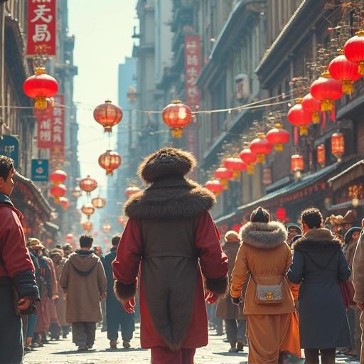 A busy street in Henan during a festive celebration. People in traditional clothing. Colorful lanterns hanging above. Historic buildings line the street.