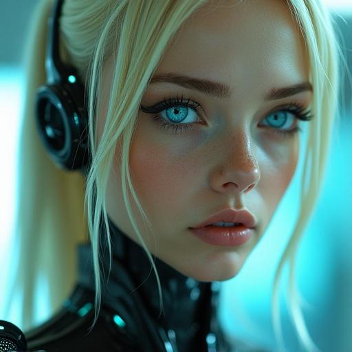 Futuristic girl wearing cybernetic enhancements. Blonde hair and blue eyes. Teal plating on the outfit creating a sci-fi appearance. Portrait focused on technological details. Soft lighting enhances features.