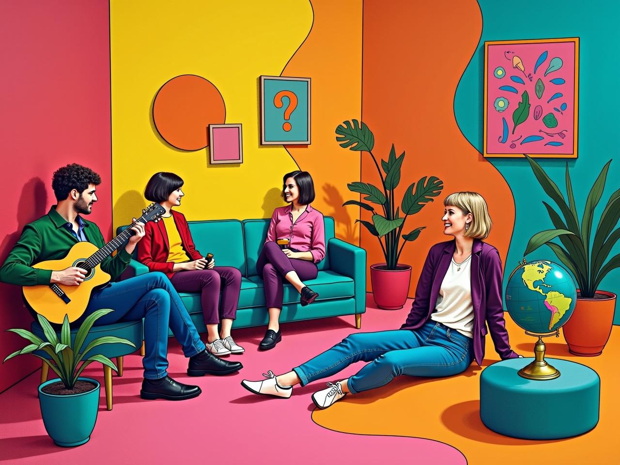 The scene shows a vibrant, colorful interior inspired by David Hockney's pop-art style. The room is filled with lively colors and wavy shapes that bring a dynamic feel to the space. A group of people is depicted in various relaxed poses, each engaged in different activities. One person is playing an acoustic guitar, while another lounges on the floor. The presence of playful decor, like plants and a globe, enhances the artistic atmosphere. The combination of colors and playful elements creates a lighthearted, engaging environment.