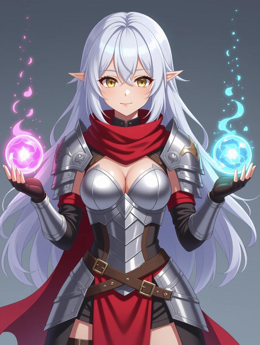 Full body image of a female character with white hair. Character has golden eyes. She wears a red scarf. Character is in silver armor. She holds elemental spheres in her hands.