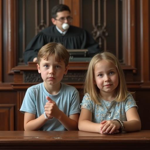 Scene in a courtroom featuring two children in a cage with handcuffs. Boy and girl both have pacifiers in their mouths. They look anxious while a judge is present. The environment is tense.