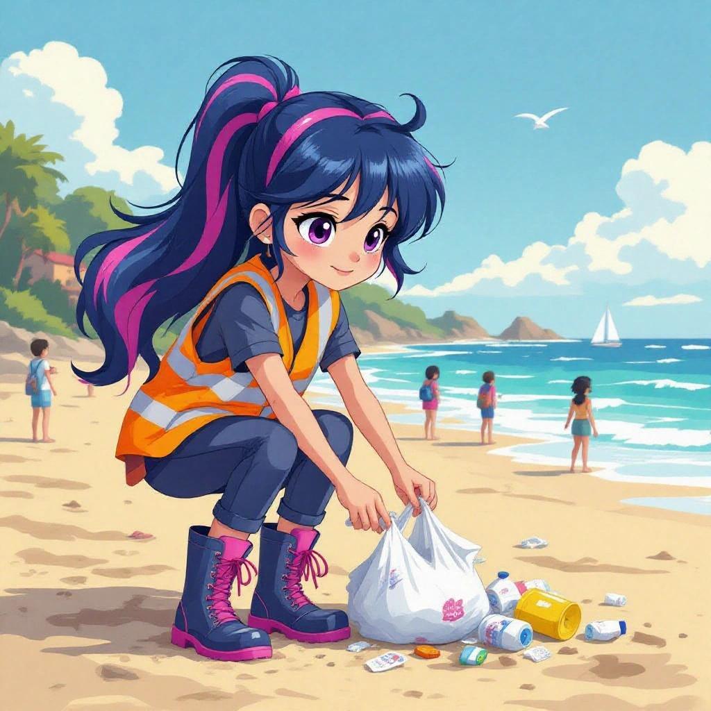 An animated girl collecting litter on the beach. She has navy-blue hair with pink and purple stripes. She's wearing a high-visibility vest and navy-blue clothing. The scene is bright with a beach background and people enjoying the water.