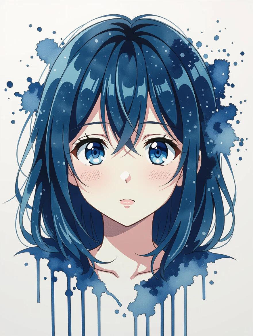 Anime portrait featuring a character with expressive eyes rendered with dynamic dripping ink effect. The ink flows and spreads creating artistic texture across the portrait.