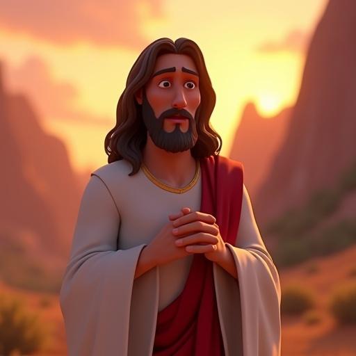 3D cartoon-style video with modern aesthetics featuring Jesus Christ speaking to the camera conveying exhortation and spiritual calling. Jesus has a serious yet welcoming expression. Landscape is a stylized dusk scene with warm tones and soft lighting. Emotional soundtrack enhances the message.
