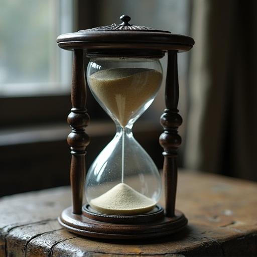 A broken hourglass set on a wooden table. The hourglass has clear glass with sand inside.