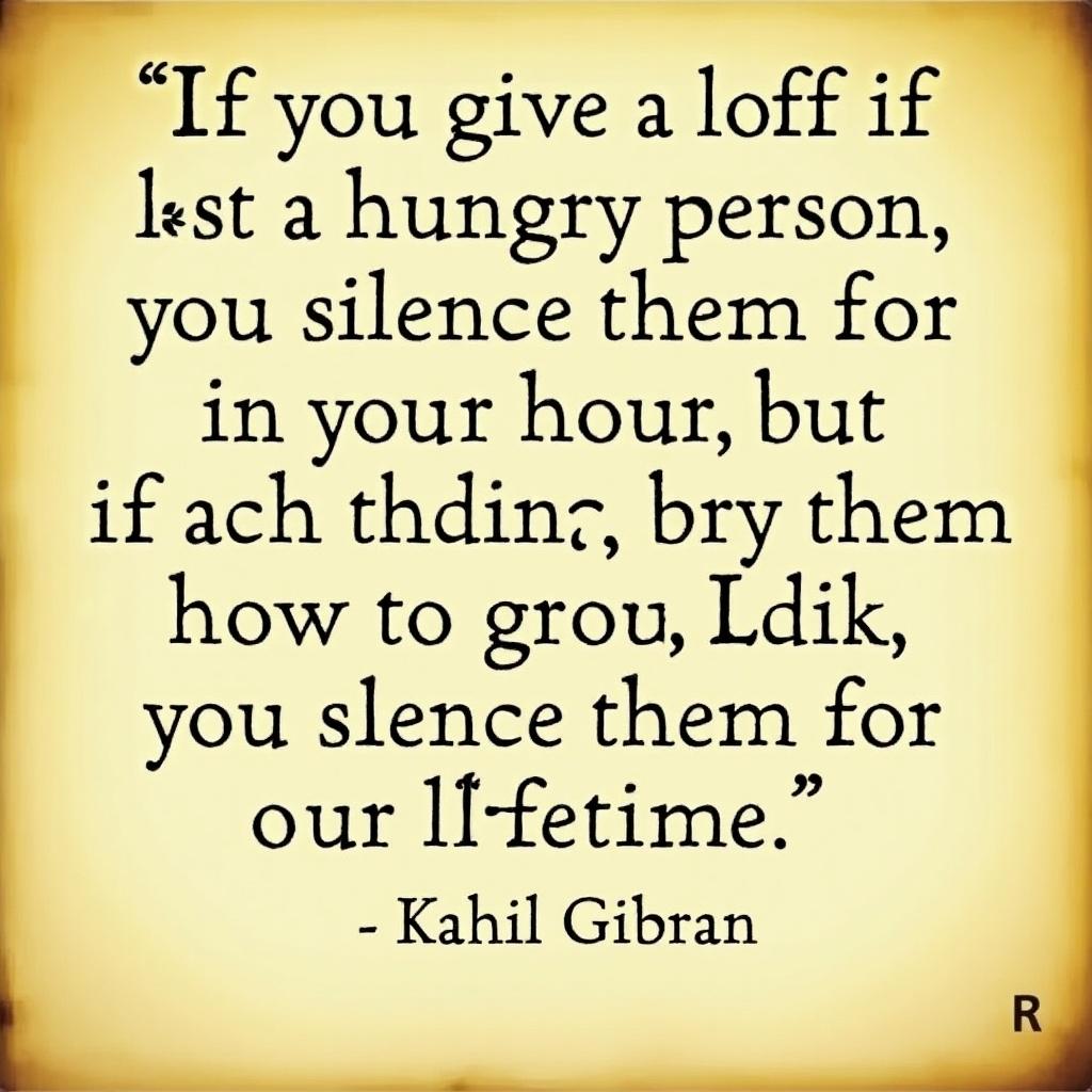 This image features a poignant quote by Khalil Gibran that emphasizes the importance of teaching over simply giving. The quote speaks to the value of self-sufficiency and the long-lasting impact of education. It contrasts a temporary act of kindness with a more profound investment in someone's ability to thrive. The warm tones and simple design invite reflection upon the message. It's suitable for various contexts, such as motivational illustrations or educational resources.