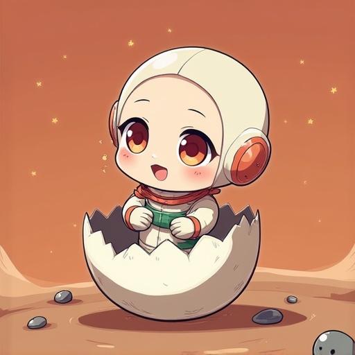 Chibi character hatching from a shell on a Martian landscape. Character has large expressive eyes and wears an astronaut suit. Background features a warm Martian environment.