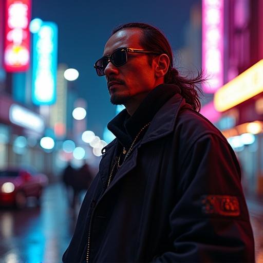 Striking portrait of DJ Krush against a vibrant urban backdrop. DJ Krush in a dynamic pose wearing sunglasses and stylish outfit. Dramatic lighting with strong contrasts. Blurred cityscape at night with neon lights reflecting off streets. Photorealism with cyberpunk feel.