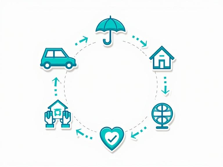 Icons illustrating comprehensive insurance package. Circular layout includes car, umbrella with dollar sign, house with shield, heart with hands, globe with checkmark. Each icon represents different insurance categories such as car, home, health, travel, business, and financial security. Focused on conveying a sense of security and protection across various life aspects.
