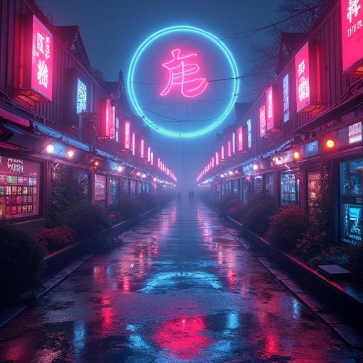 Image depicting a cyberdelic aesthetic. Features an urban street with neon lights and reflections. Street lined with shops and a large neon sign. Misty atmosphere enhancing the colors.