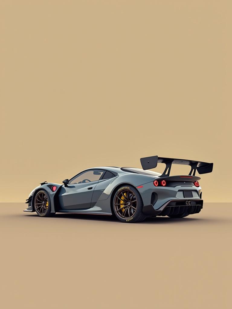 Sports car positioned against a khaki background. The car features a sleek design with a large rear wing.