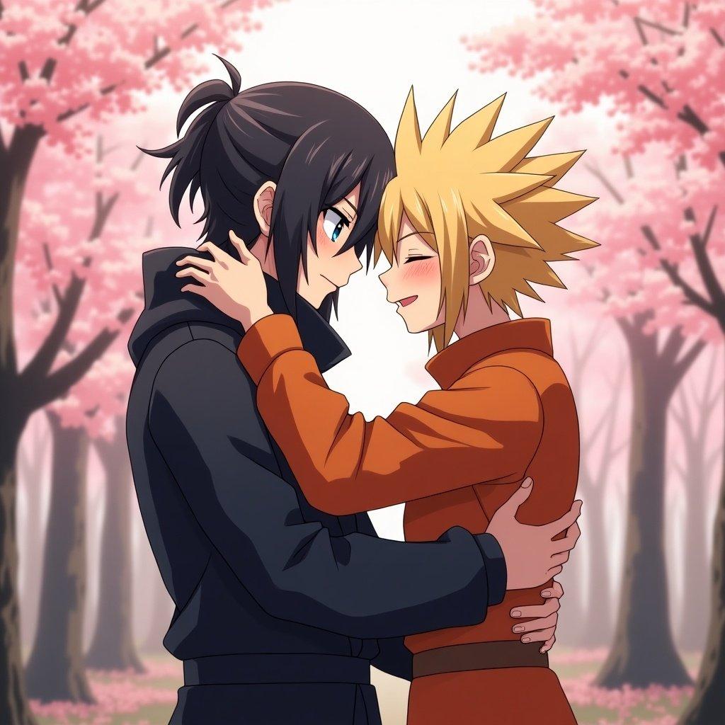 Sasuke and Naruto share a powerful embrace in a beautiful cherry blossom setting. Their passion is evident as they kiss, showcasing deep emotions. Soft warm lighting creates an intimate atmosphere.