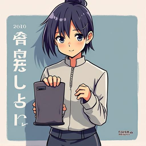 Stylish manga illustration of a 43-year-old man with short black hair and a beard. He is holding a tablet with a smile. Background is light blue.
