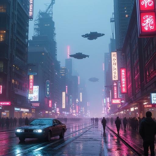 Futuristic cityscape with skyscrapers and flying vehicles. Neon-lit streets during a misty day. Environment illuminated by vivid neon lights. Wet street reflects colorful lights. Mysterious and atmospheric scene.