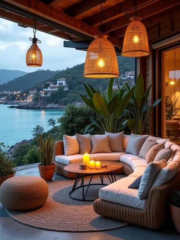 A coastal indoor-outdoor lounge that blends tropical charm with modern bohemian design features a wicker sofa adorned with plush cushions in soft colors. An oval wooden table is decorated with warm pendant lights and candles. Lush plants flourish in terracotta pots. The background shows a tranquil blue coastline and distant lights.