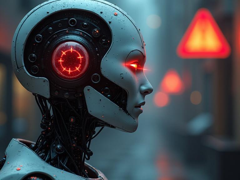 A robot profile side view. Robot features a sleek design with glowing red eyes. Background shows foggy environment with warning signs. Evocation of technology and innovation.