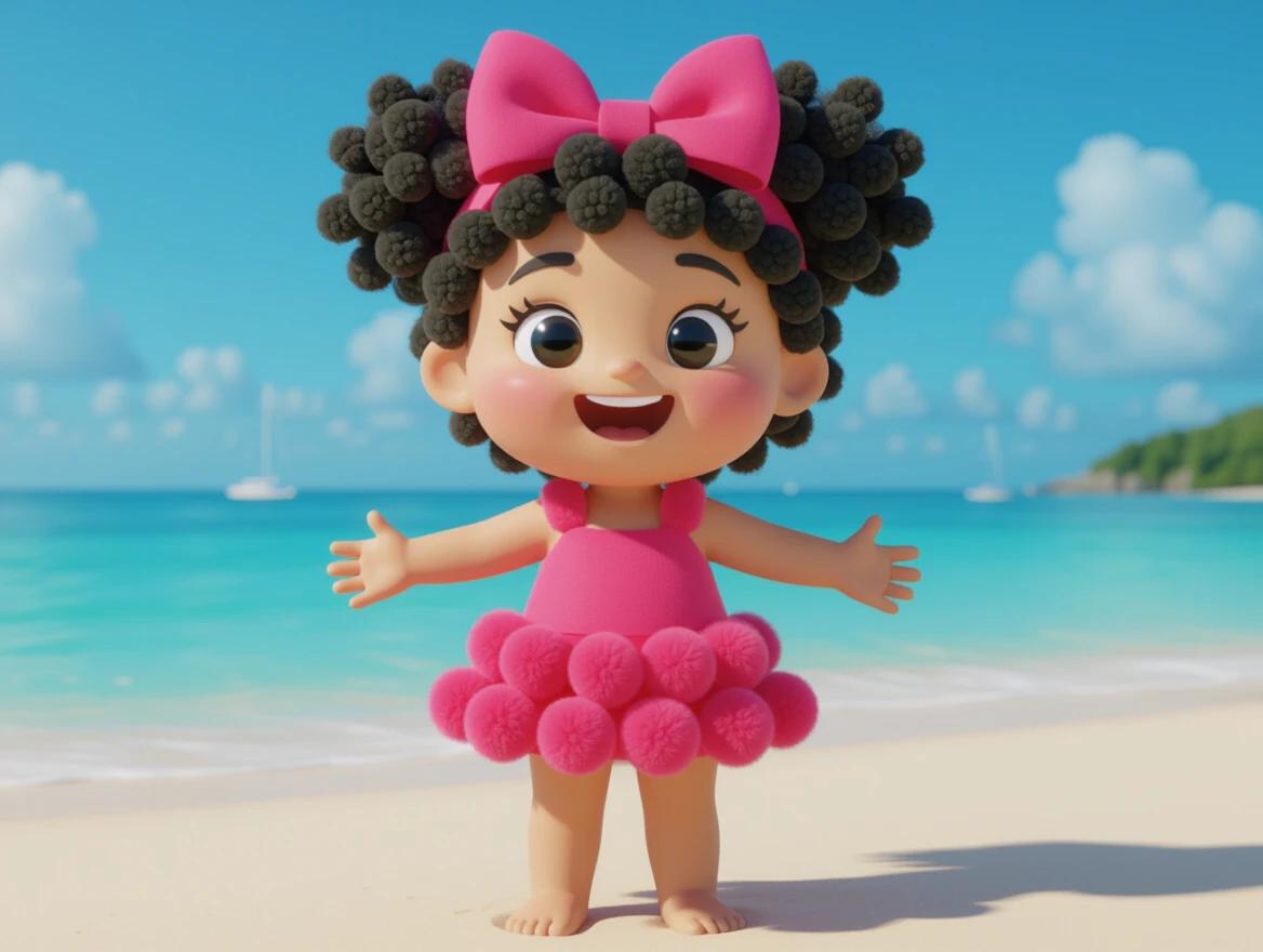 Humanoid pom pom figure made from pom-poms stands on the beach. The character wears a bright pink dress and has hair styled with a bow. The scene captures a playful summer atmosphere. Bright colors evoke a cheerful mood. Beautiful ocean backdrop with soft waves and gentle clouds.