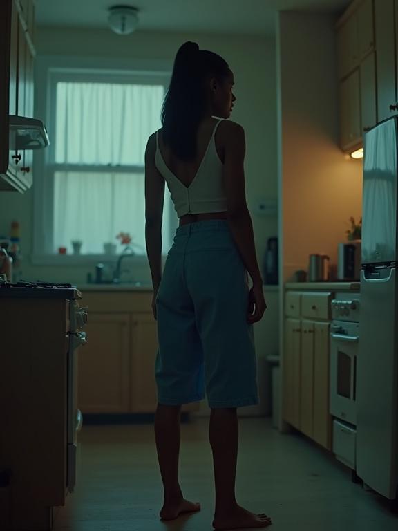 A woman stands in a dimly lit apartment kitchen. She has brown skin and dark hair styled in a ponytail. Wears blue short pants and a semi-loose white cropped tank top. The kitchen is illuminated by warm light from appliances. The scene evokes a cinematic feel, inspired by blade runner.