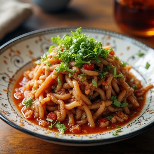 A plate of spicy noodles topped with herbs on a decorative dish. Serenity of dining is highlighted with warm colors and inviting presentation.