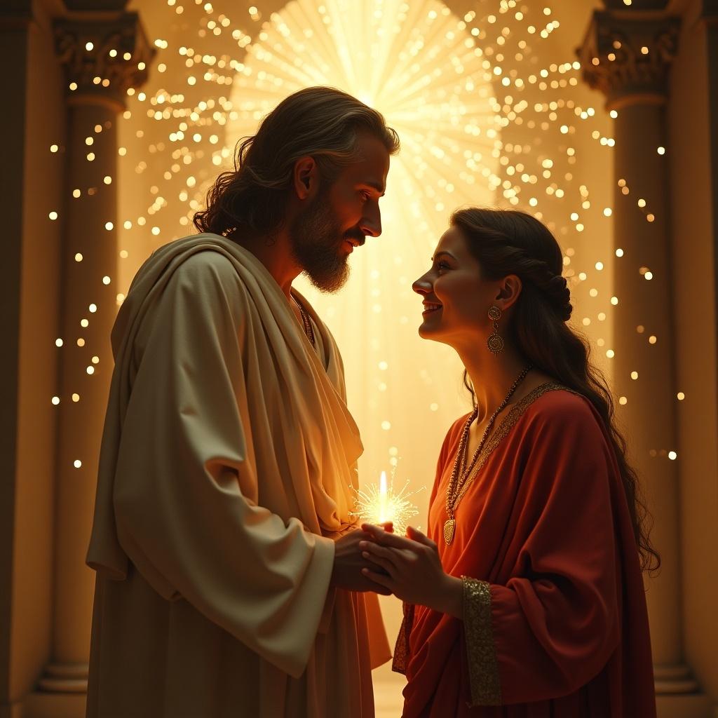 Jesus and his mother represent divine connection. Soft glow in a sacred environment. Emphasis on spiritual bond. Background shining with light.