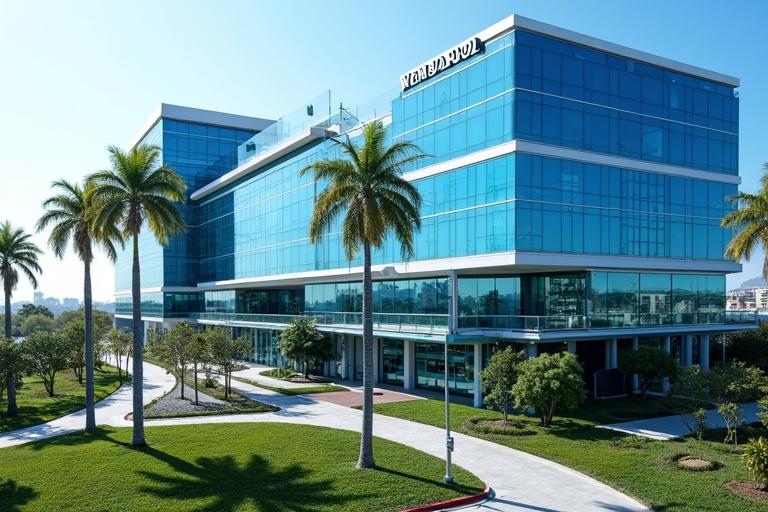 Professional aerial view of modern medical plaza complex in Tijuana. Blue glass facade surrounded by palm trees. High-end architecture with bright daylight. Slight blur for text overlay. Medical tourism destination with pristine landscaping in 4K ultra HD quality.