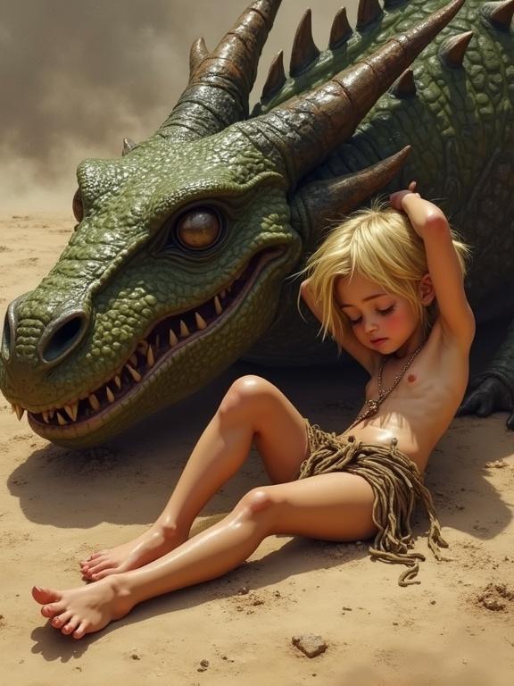 Painting featuring a petite girl with tanned skin lying in the dust beside a dragon. She is in a tattered loincloth. The dragon is green and friendly-looking with an open mouth. The environment is dystopian and post-apocalyptic.
