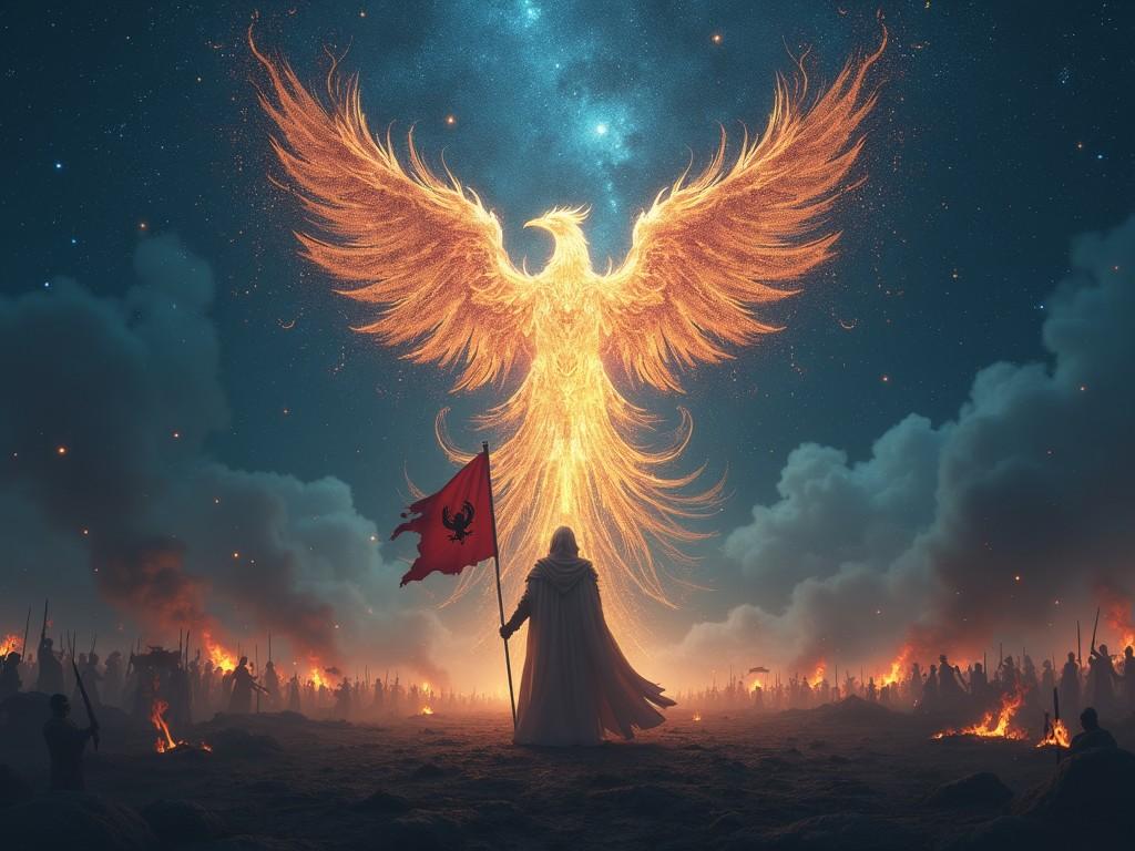 In a dramatic and awe-inspiring scene, a figure in a cloak stands valiantly holding a flag with a phoenix emblem, silhouetted against a fiery backdrop. Above them, a massive silhouette of a phoenix takes flight, its wings spread wide, carving through a starry sky. A multitude of warriors, barely distinguishable in the shadows, witness this powerful symbol of rebirth and strength.