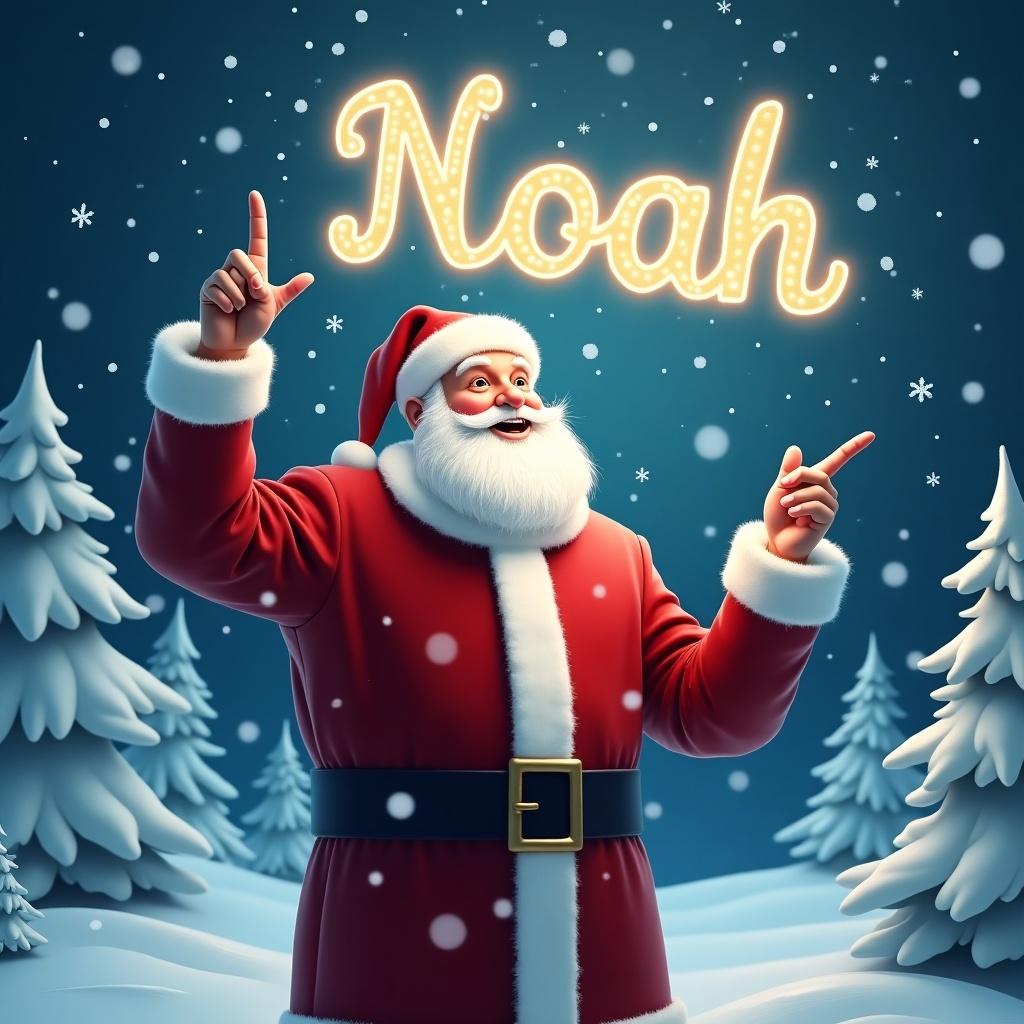 The image depicts a joyful Santa Claus standing in a winter wonderland. He is dressed in his traditional red suit with white trim and a matching hat. Santa is pointing upward as if he is magically writing a name in the sky. Snowflakes gently fall around him, adding to the festive atmosphere. In the sky, the name 'Noah' is written in bright, glowing letters. The background features snowy trees, enhancing the Christmas scene.