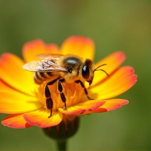 Close-up of a bee resting on a brightly colored flower. The flower is orange with yellow tips. The bee has fine details visible. The background is out of focus with green tones.