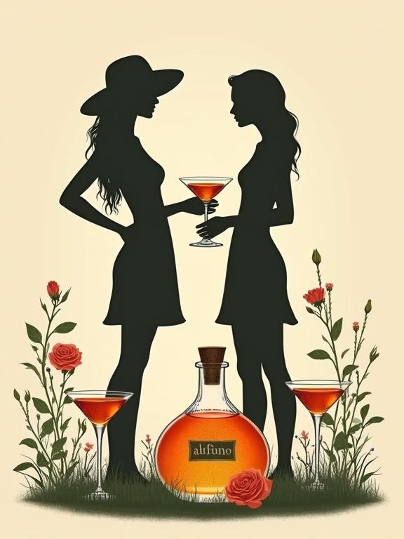Minimalist screen printing artwork showing silhouettes of two women in sun dresses holding cocktail glasses. An apothecary bottle labeled 'ALFRUNO' sits nearby with roses and flowers around it. The scene is set against a beige background.