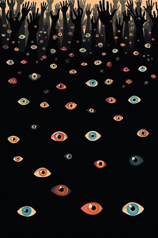 Flat black silhouettes depict many eyes in various colors surrounded by hands. The hands form crisscrossing patterns like lonely roads. The image has a glitch effect and heavy use of negative space. Vector illustration style is employed.