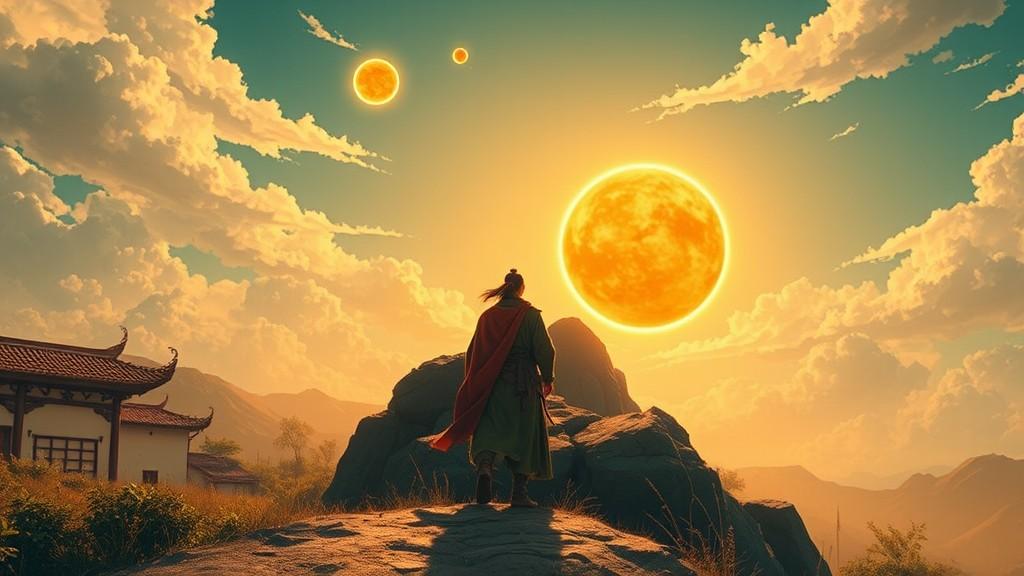 A person stands on a rock gazing at multiple suns in a vibrant sky.