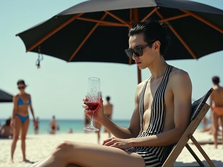 Photo of a pale individual with black hair sitting on a beach lounger. Individual wears a striped retro swimsuit and large dark sunglasses. This person sits under a black umbrella. In hands, a crystal glass containing a reddish drink. Background features tanned beachgoers enjoying the sun. Scene conveys an absurdity of contrast between the pale figure and tanned tourists. Style is realistic color photography.