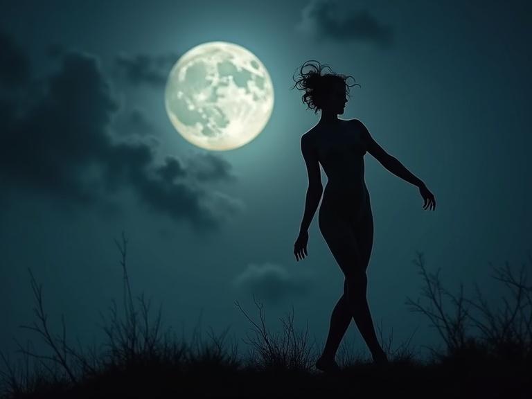 Nude woman silhouette dancing against night sky with bright full moon. Inspired by Catrin Welz Stein. Emphasis on sharpness and beauty. Poetic masterpiece. Magical atmosphere.