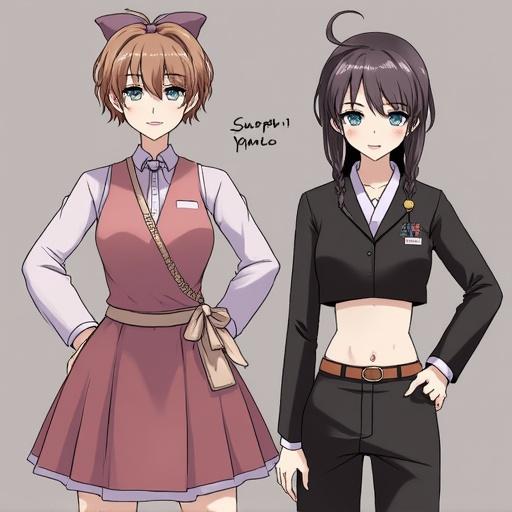 Two anime-style female characters stand side by side. One wears a schoolgirl outfit with a bow in her hair. The other is dressed in a sleek outfit with a cropped top and blazer. Both have distinct features and expressions. The illustration showcases their character designs in a playful manner.
