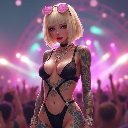 Anime inspired character at a music festival. Features futuristic outfit and jewelry. Set at night with vibrant stage lights. Shows a beautiful woman with light blonde hair and emerald green eyes. Has distinctive tattoos and a cybernetic leg. Portrayed in an energetic and stylish manner.
