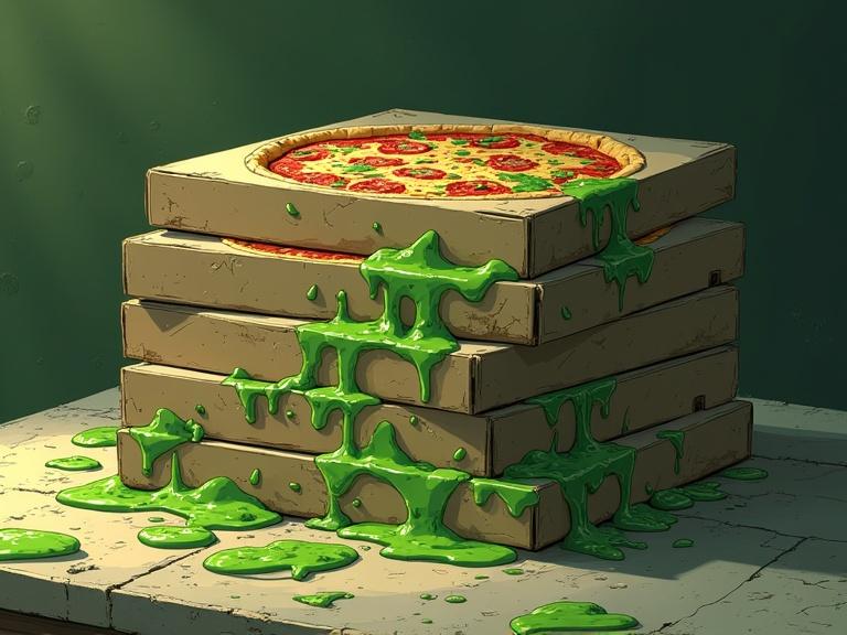 Stacks of old moldy messy pizza boxes with green messy moldy pizza slices oozing green sauce in cel-shaded painterly 3D anime style.
