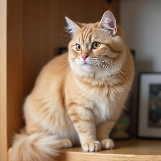 Peach-color cat on a cupboard with soft natural lighting.