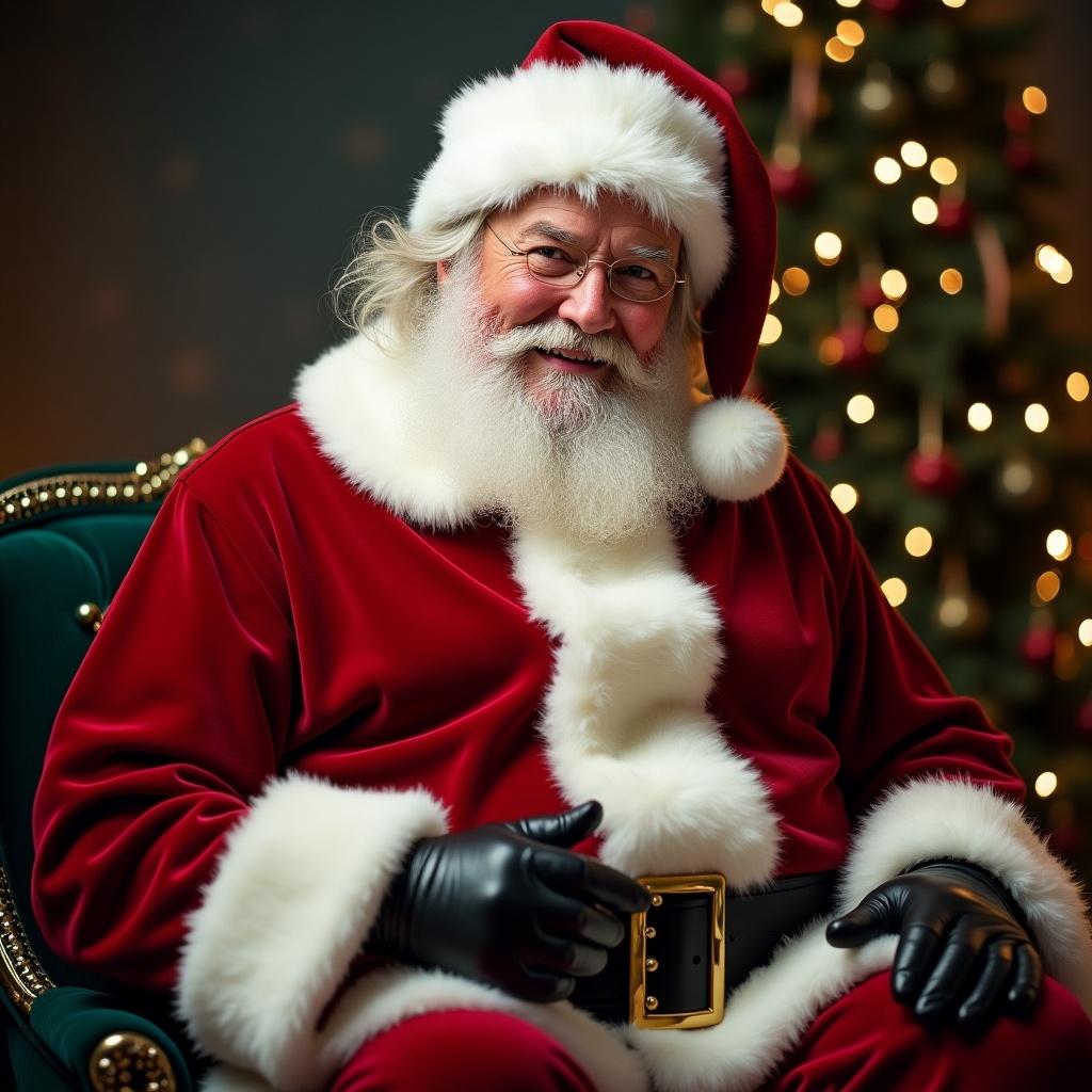 Cheerful Santa Claus in a cozy setting, dressed in a traditional red suit, with a warm expression.