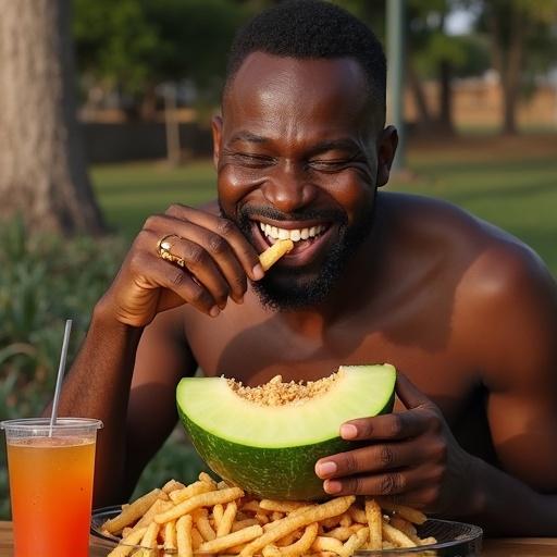 A happy black man sitting at a table filled with KFC and fresh melon. He is smiling widely, enjoying his meal.