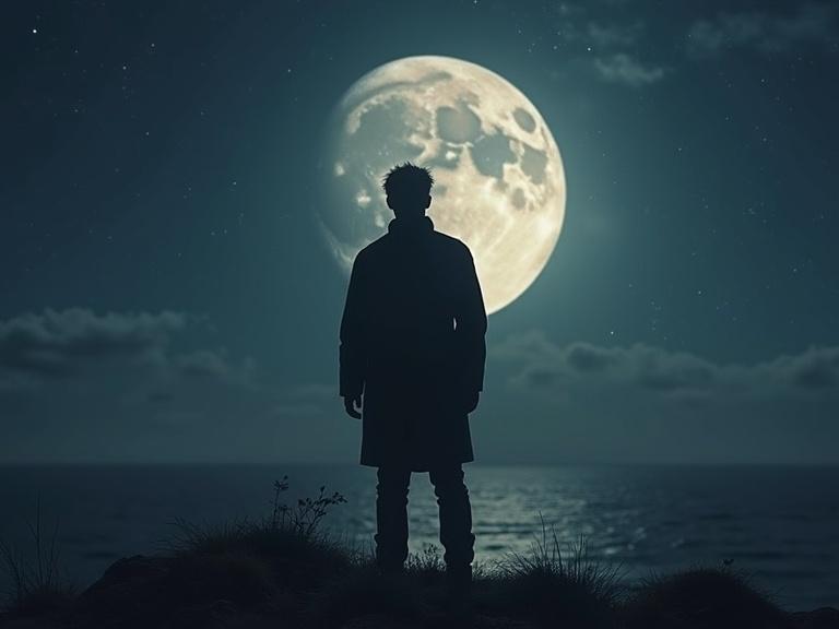 A silhouette of a man stands on the shore gazing at a large full moon over the ocean.