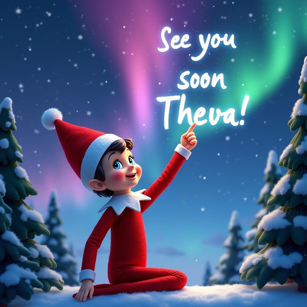 A boy elf on the shelf with short hair points upwards. He writes 'See you soon Theva!' in a night sky. The sky has northern lights in pink, blue, green, and purple. The elf wears a red outfit and a Santa hat. Expression shows wonder. Tall evergreen trees frame the enchanting winter scene.