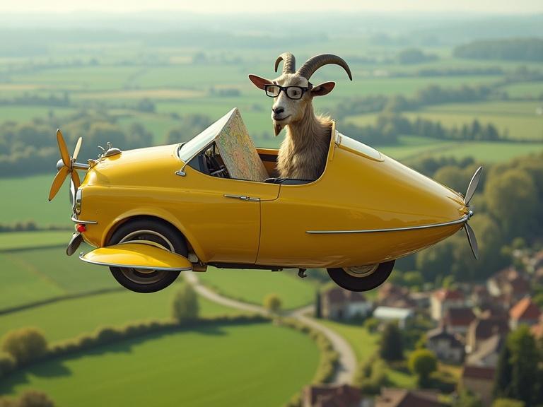 Futuristic yellow cab with propellers soars over countryside. Goat wearing glasses sits relaxed on back seat with a map. Below are green fields and narrow lanes of village. Contemporary realistic style.