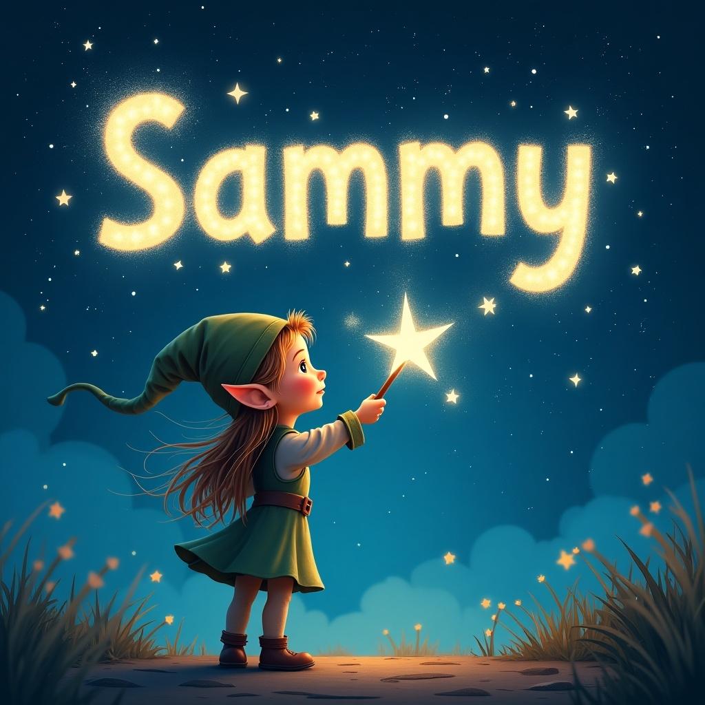 A girl elf uses a magical wand to create sparkling letters in the starry sky. The name 'Sammy' glows beautifully. The scene is filled with magic and whimsy, inviting viewers into a fantasy realm.