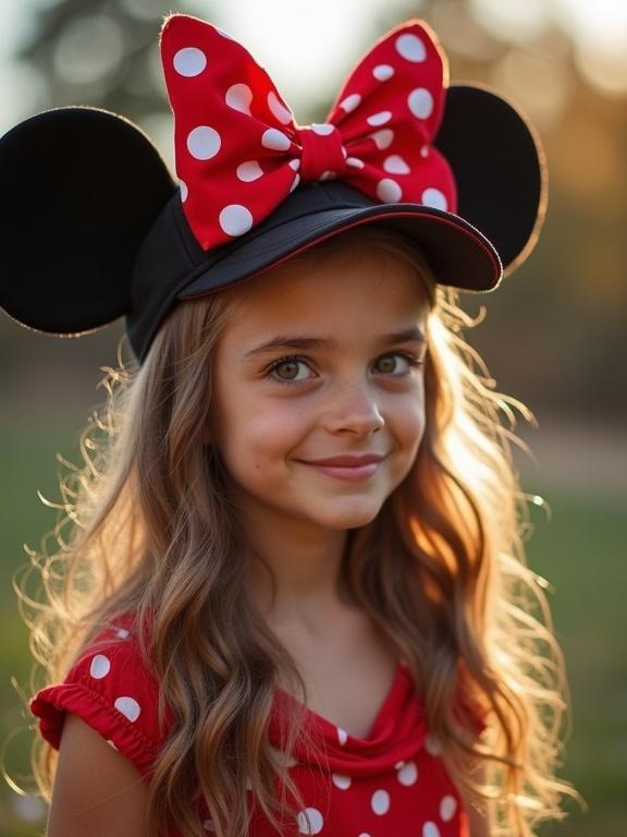 Girl with long hair smiles while wearing a Mickey Mouse hat. She has on a red polka dot dress. Soft sunlight surrounds her. Natural outdoor setting enhances the joyful expression.
