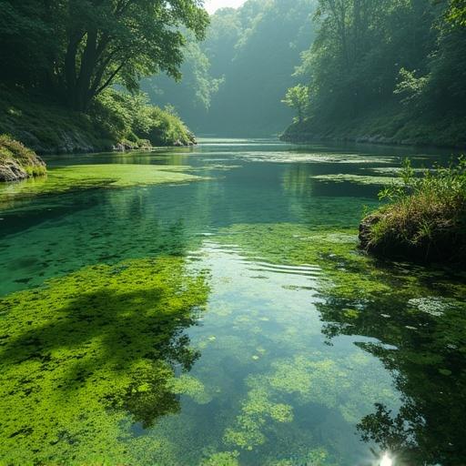 Algae covers the bottom of the pond. The underwater environment is clear with visible green hues. Sunlight filters through trees. The water reflects surrounding vegetation.